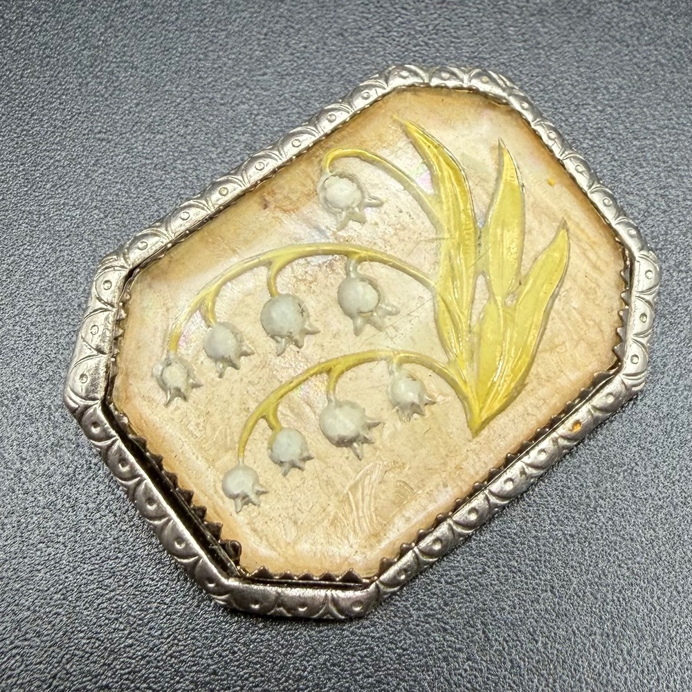 Vintage Reverse Carved Glass Brooch Silver Tone Lily of the Valley Goofus Glass - Picture 7 of 12